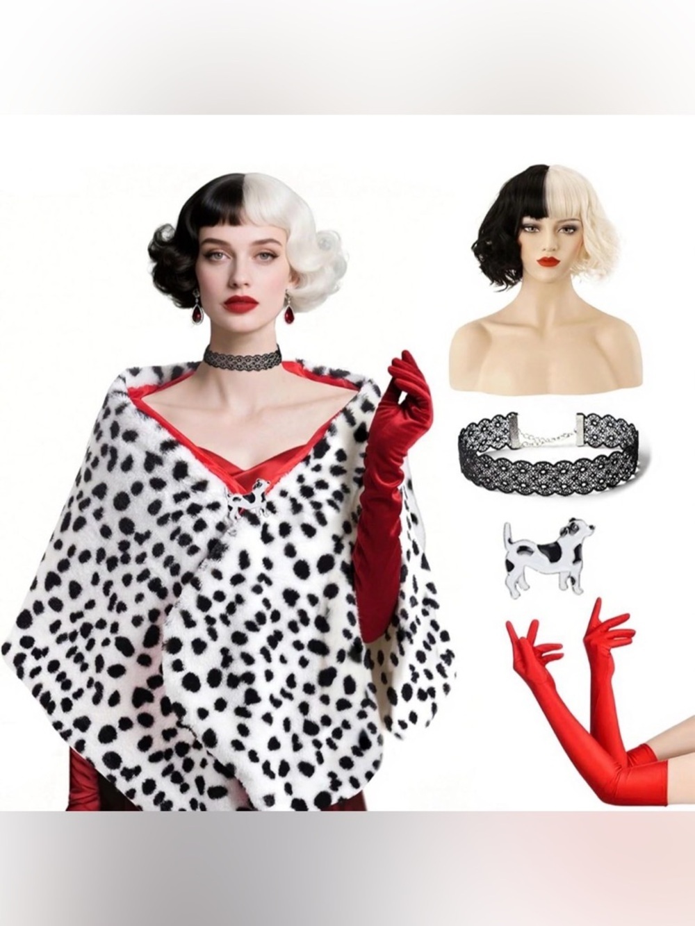 Dalmatian Spot Faux Fur Cape with Red Gloves and Black Lace Choker